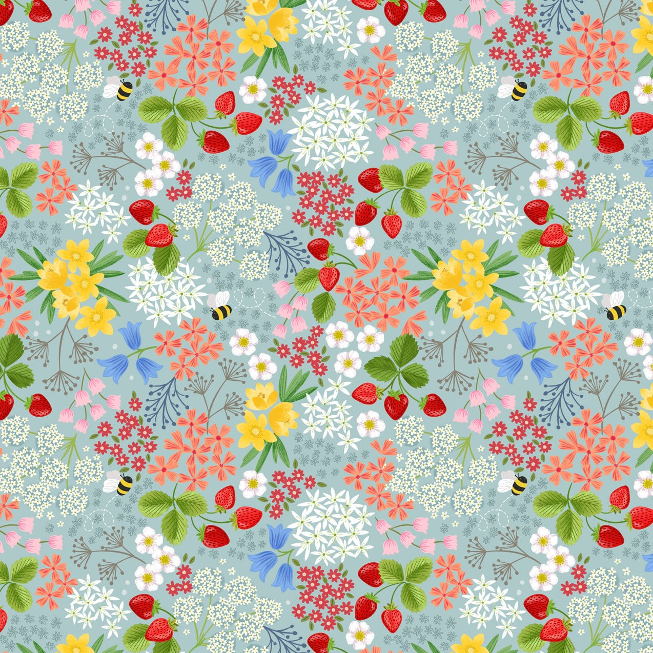 Teddy Bear's Picnic - Strawberry Bee Floral - Duck Egg