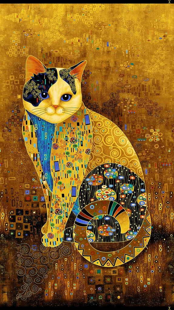 Cleo - Golden Bejewelled Cat - Cotton Panel