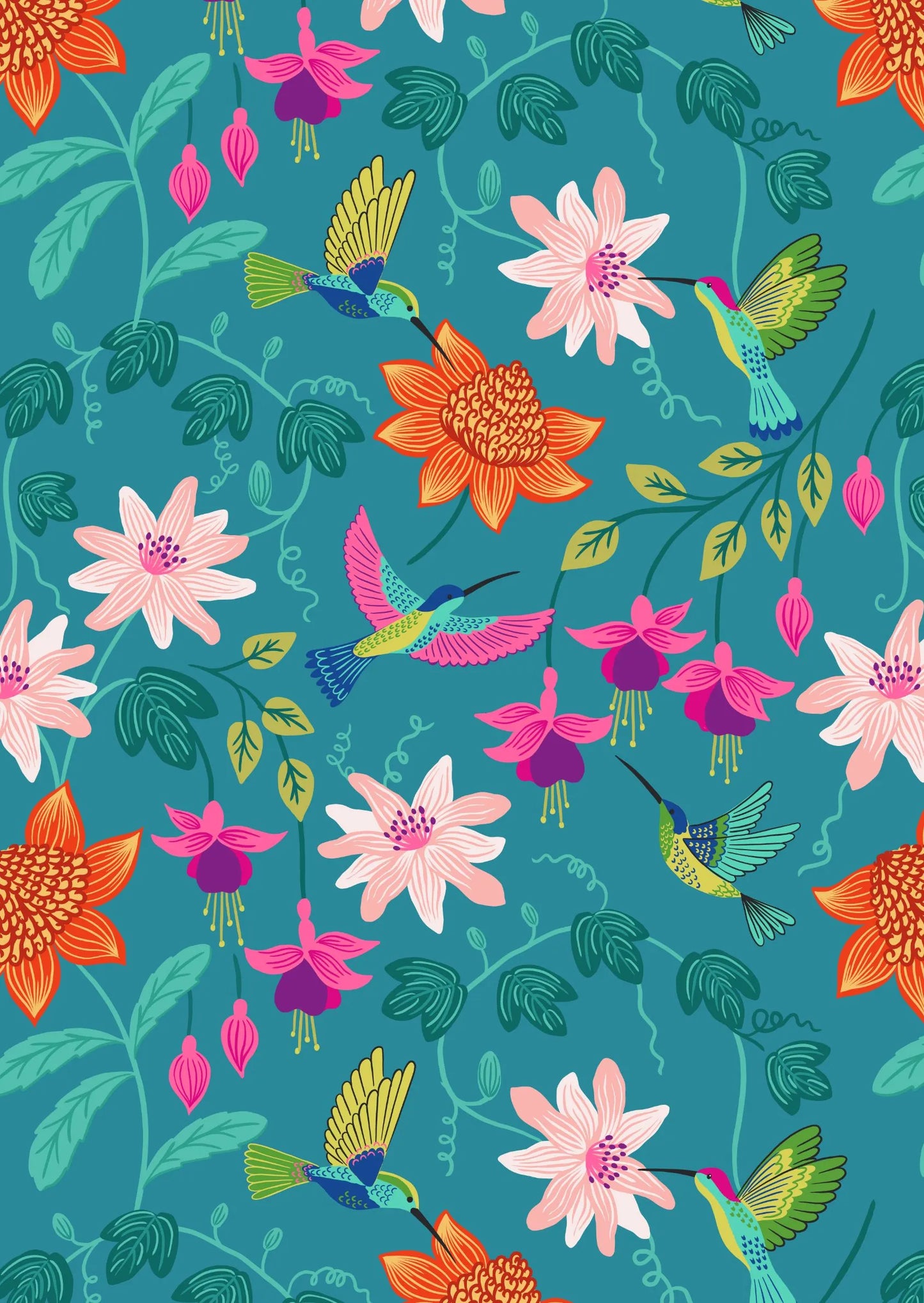 Hummingbird Large Floral on Tropical Blue