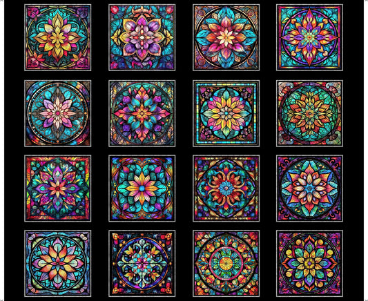 Radiant Reflections - Stained Glass Patches -  Black - Cotton Panel