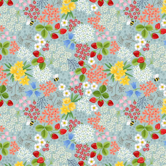 Teddy Bear's Picnic - Strawberry Bee Floral - Duck Egg